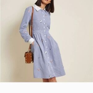 Modcloth Blue and White Long Sleeve Shirt Dress